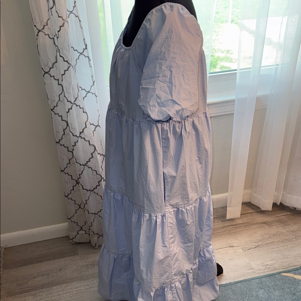 Light Blue Puff Sleeve Tiered Midi Dress summer, beach, casual, feminine, blue - Picture 7 of 9